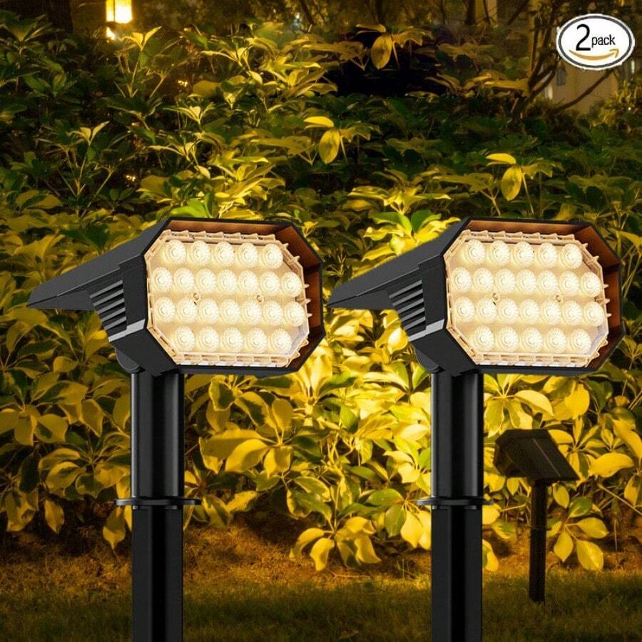 2pcs Garden Solar Tree Lights Outdoor Solar Spotlights, 24 Large LED Solar Lights Outdoor Garden Solar Lights, Dusk To Dawn Solar Lights, With 2 Lighting Modes, Solar Landscape Spotlights, Decorative Garden, Outdoor Multi-Scene Solar Spotlights - 黃色 - 查看 1
