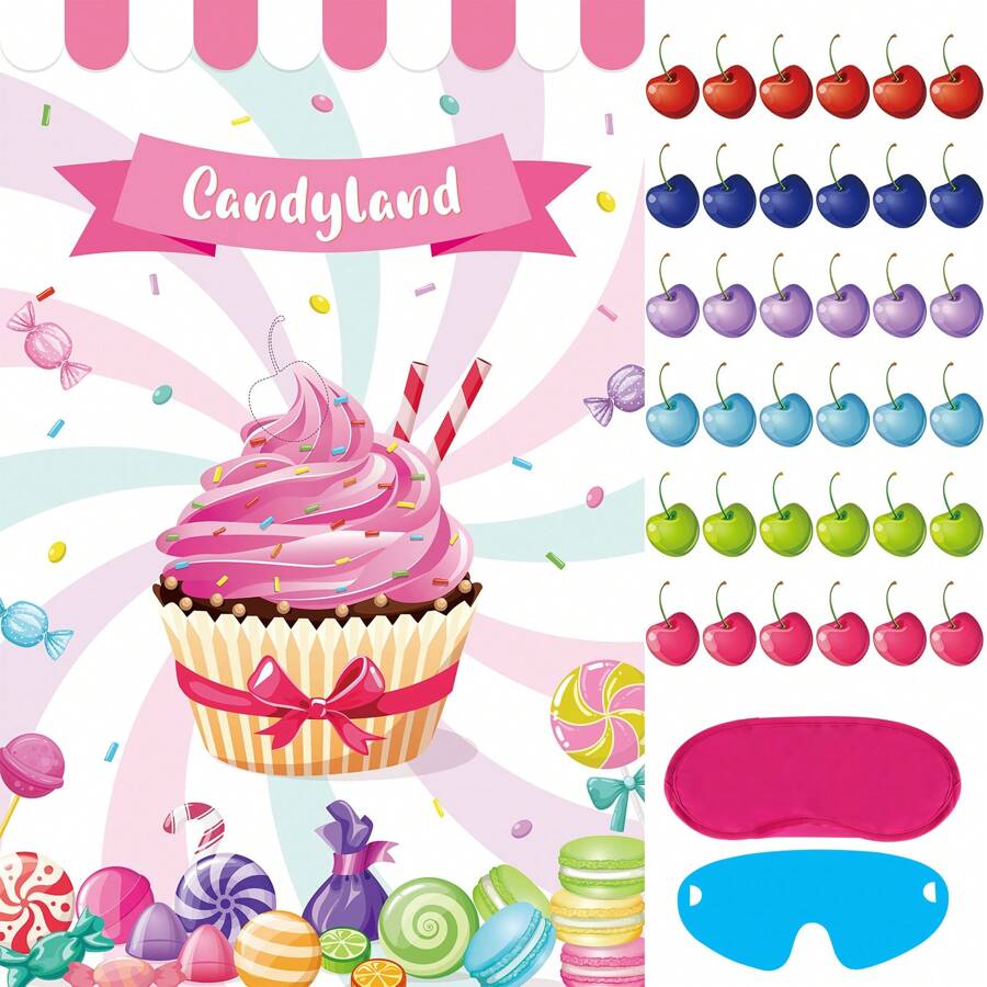 Fowecelt Juego de Poner la Cereza en el Cupcake para el Juego de los Alfileres en la Fiesta de Cumpleaños; juegos de fiesta de cumpleaños, decoraciones para fiestas de Candy Land; gran póster del juego de Candyland con 36 pegatinas de cereza; recuerdos de fiestas de Candyland, decoraciones para fiestas - Multicolor - Ver 1