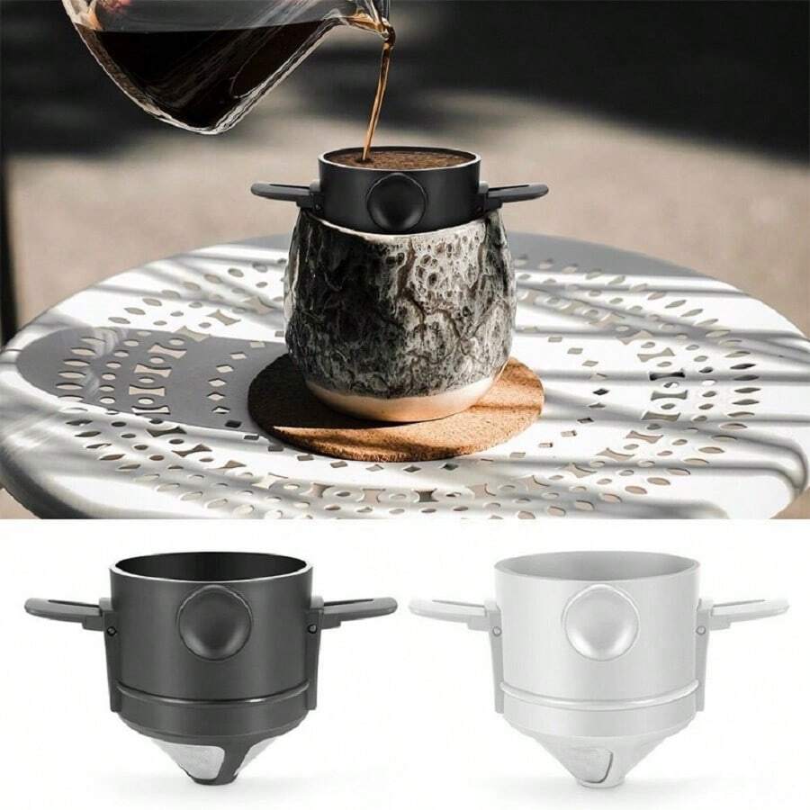 One Piece Simple Style Stainless Steel Folding Filter Household Hanging Ear Coffee Dripper Double Layer Filter Paper Free Black And White Color Durable And Portable - Multicolor - View 1