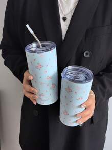 1 件蝴蝶玫瑰碎花保温杯、冷热保温瓶、真空保温瓶、露营咖啡杯、水杯、平底吸管杯、旅行户外用杯、生日、万圣节和圣诞节礼物（不含吸管）