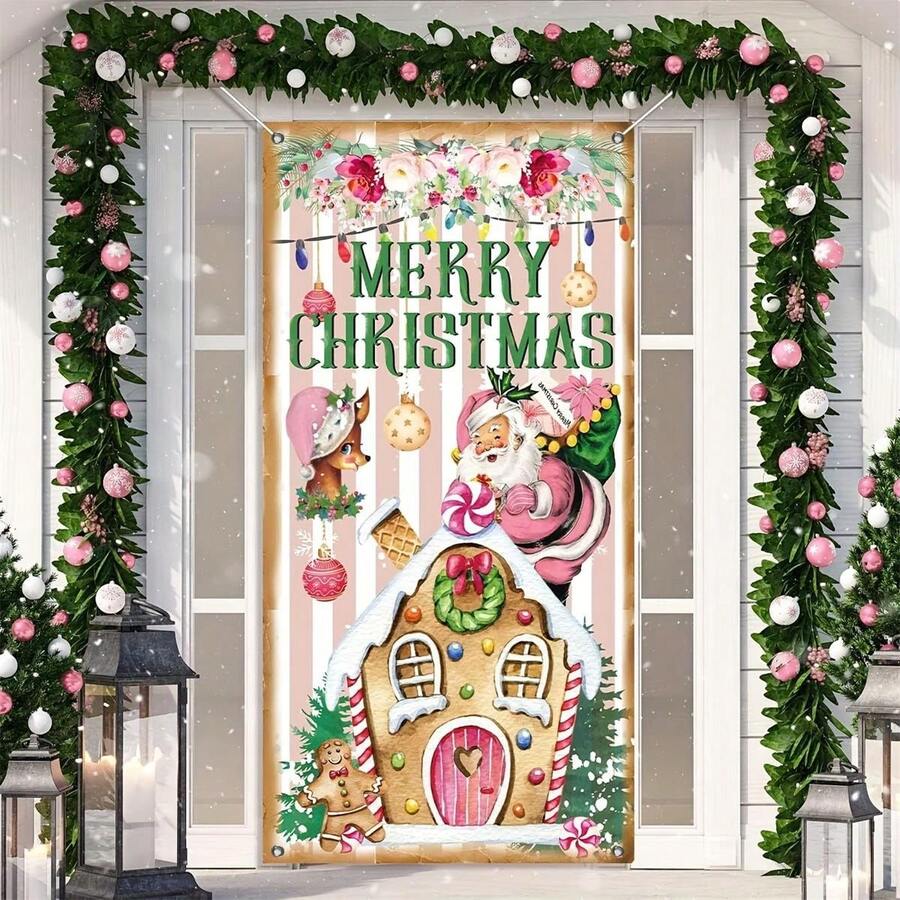 1 件复古圣诞门装饰（35.4 X70.8 英寸），粉色圣诞快乐门罩背景圣诞老人麋鹿姜饼悬挂横幅适用于室内户外圣诞节派对装饰用品，圣诞节 - 粉色 - 查看 1