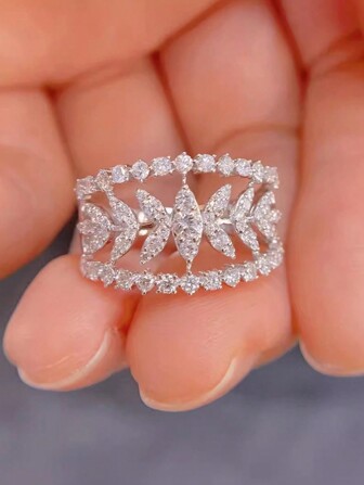 1pc Elegant S925 Sterling Silver Cubic Zirconia Hollow Leaf Shaped Wide Band Ring, Suitable For Women's Daily Wear, Festivals, Parties, Weddings, Gift