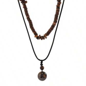 2入組男士天然石項鍊，古董風格的木珠、肌膚蠟線項鍊