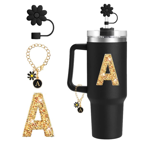 3Pcs Silicone Letter Straw Cover Designed For  Cup Accessories 30&40 Oz, A-Z Initial Name ID Letter Handle Charm And Self-Adhesive Pearl Bling Rhinestone Letter(Gold)