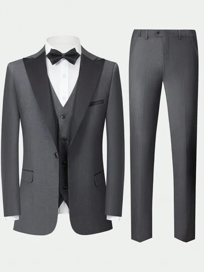 CLOUDSTYLE Men's Spring And Autumn Color-Block Notched Collar Long Sleeve Suit Jacket Vest And Pants Business Travel Suit