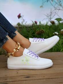 蝴蝶印花春秋款系帶韓風休閒鞋，白色PU皮經典透氣平底運動鞋，適合學生 - 紫色 - 查看 2