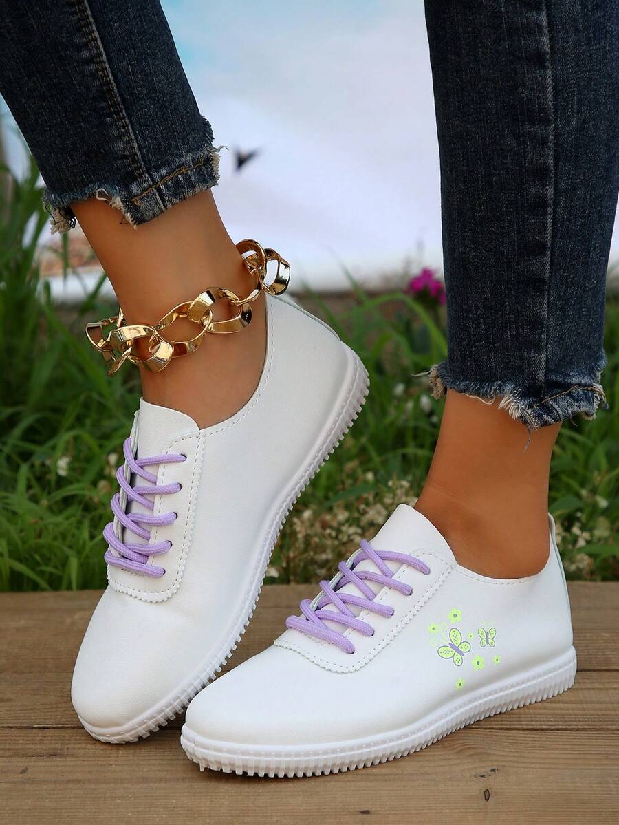 蝴蝶印花春秋款系帶韓風休閒鞋，白色PU皮經典透氣平底運動鞋，適合學生 - 紫色 - 查看 1