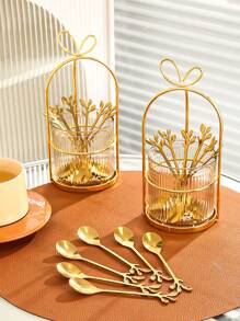 4 件/6 件/7 件/套不锈钢叶形勺子架托盘套装，厨房甜点小勺子搅拌勺咖啡勺储物罐，糖果、甜点、小吃、蛋糕、水果的家居装饰，适用于户外、家居、厨房、派对、生日、礼物