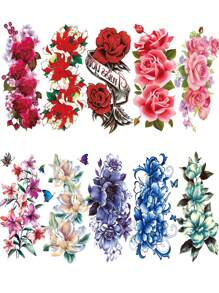 10 pièces Autocollants de tatouage temporaire de fleurs de pivoine et de rose pour femmes, filles et adultes, tatouage temporaire réaliste de papillon et de fleurs aquarelle pour doigts et cou