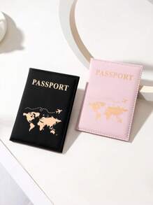 2pcs Customizable Couple Passport Holders PU Material Hot Stamping Embossed Map Letter Design Portable Multifunction Travel Accessory Gift For Him Her - Multicolor - View 4