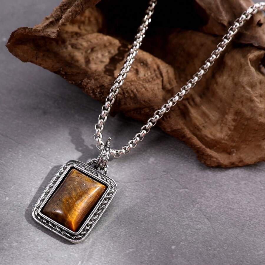 1 Vòng Cổ Mặt Dây Đá Mắt Hổ Vuông Thời Trang Nam - màu nâu - Xem 1