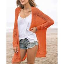Sweaters flojos de manga larga y cuello en V transparente para mujer, tipo kimono y estilo bohemio para cubrir en la playa en verano, top de crochet ligero - Naranja - Ver 2