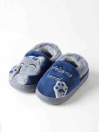 1 Pair Kids Cartoon Fabric Slippers, Cute Cat Design, Warm Soft Bottom Anti-Slip Indoor Home Wear, Autumn/Winter (Suggest Size Up)