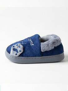 1 双儿童卡通布艺拖鞋，可爱猫咪设计，保暖软底防滑室内家居服，秋冬（建议大一码） - 藏蓝色 - 查看 6