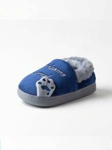 1 双儿童卡通布艺拖鞋，可爱猫咪设计，保暖软底防滑室内家居服，秋冬（建议大一码） - 藏蓝色 - 查看 5