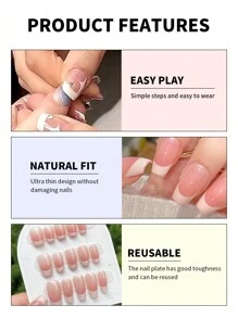 GIRL PLUS GIRLPLUS 10 Handmade Fake Nail Middle Coffin Size S, Glossy Pink French Design, Stylish Nail Set Suitable For Women And Girls Everyday Wear Press On Nails Nail Supplies