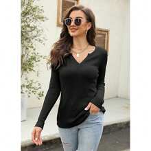 BZB Womens V Neck Waffle Knit Shirts Long Sleeve Loose Fitting Warm Tee Tops Sweaters Pullovers