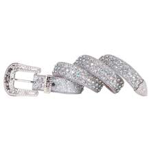 Premium Western Women's Men's Floral Buckle Rhinestone Belts Punk Hip Hop Street Crystal Leather Waist Belt Strap,Gift For Women - 銀色 - 查看 7
