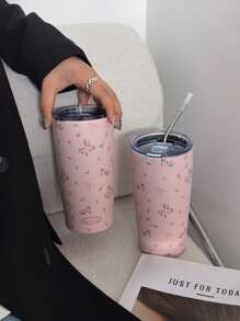 1 件蝴蝶玫瑰碎花保温杯、冷热保温瓶、真空保温瓶、露营咖啡杯、水杯、平底吸管杯、旅行户外用杯、生日、万圣节和圣诞节礼物（不含吸管）