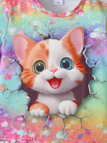 Áo thun ngắn tay in hình mèo hoạt hình cổ tròn 3D cô gái trẻ - Nhiều màu - Xem 3