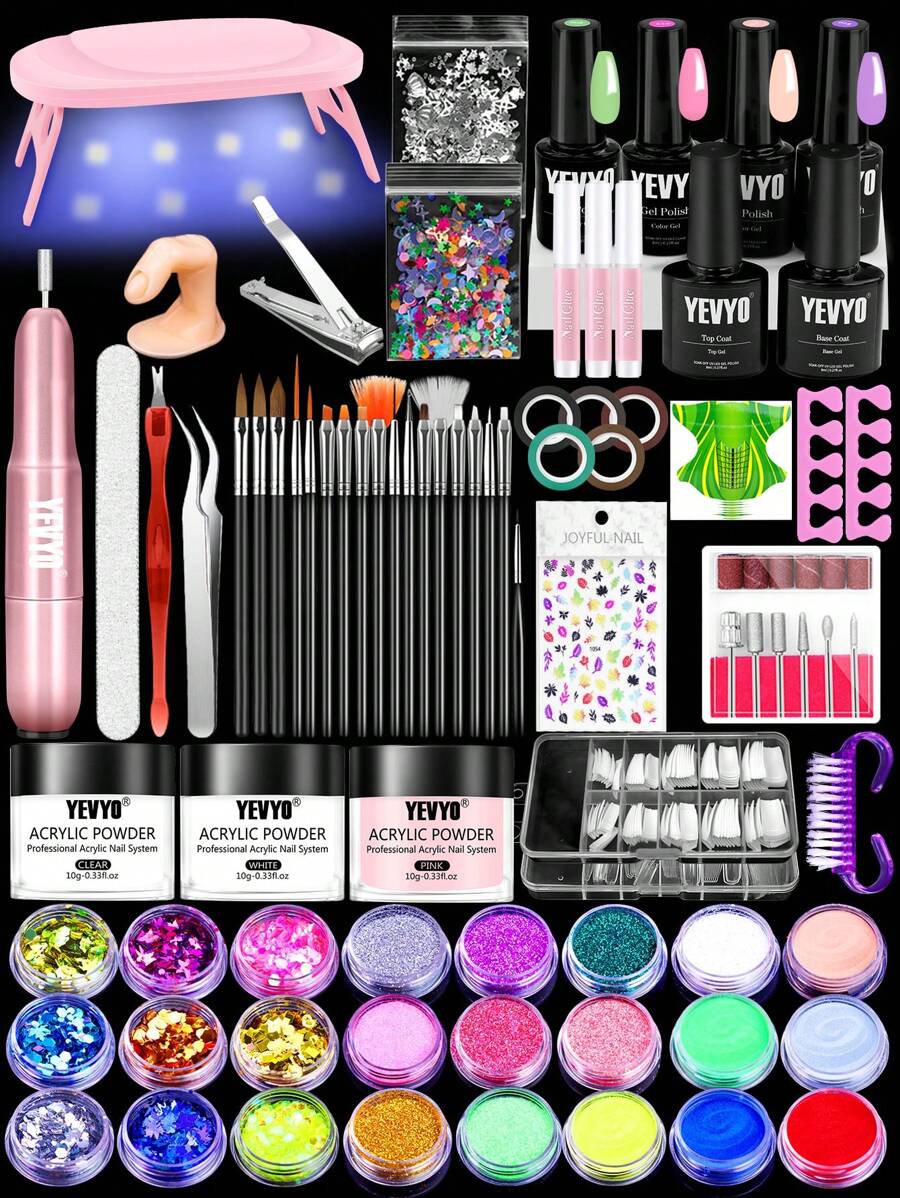 All-In-One Acrylic Nail Kit – Gel Nail Polish Kit With 24 Glitters And 3 Colors Acrylic Powder, Acrylic Brush, Clear Nails Tips, Nail Art Tools, Nail Tool DIY