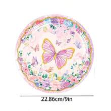 10入組粉色蝴蝶主題派對餐具紙盤，9*9英寸卡通蝴蝶花卉主題生日派對蝴蝶裝飾紙盤，適用於日常聚會和假日派對活動，一次性餐飲托盤 - 彩色 - 查看 2
