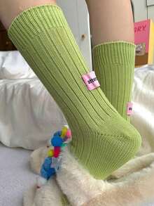 1pc Autumn & Winter Colored Knitted Mid Calf Socks For Men And Women, With Pile Design