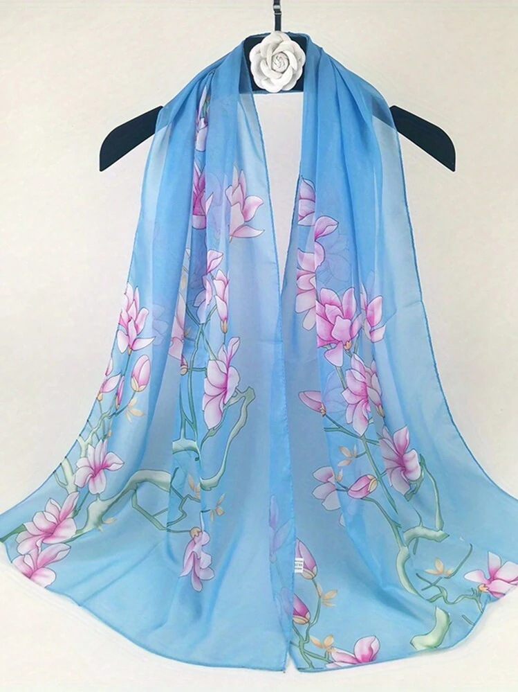 1 peça Lenço de Chiffon Feminino Estampa de Magnólia Azul, Lenço de Seda Multiuso, Leve e Respirável, para o Verão - Azul - Visão 1