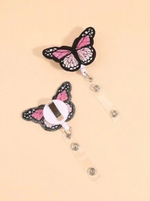 1入粉色蝴蝶造型可伸縮徽章卡片掛繩，卡通可愛辦公室和學生配件 - 彩色 - 查看 1