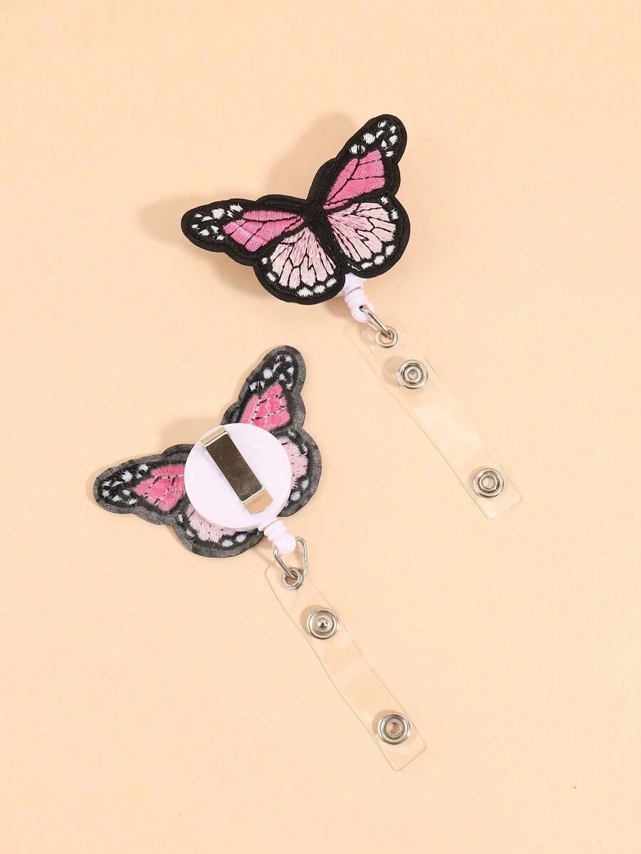 1入粉色蝴蝶造型可伸縮徽章卡片掛繩，卡通可愛辦公室和學生配件 - 彩色 - 查看 1