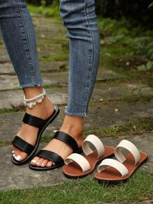 女士白色平底凉鞋，欧美风格简洁风沙滩凉鞋，休闲户外凉鞋，配 PU 皮革交叉带 - 黑色 - 查看 2