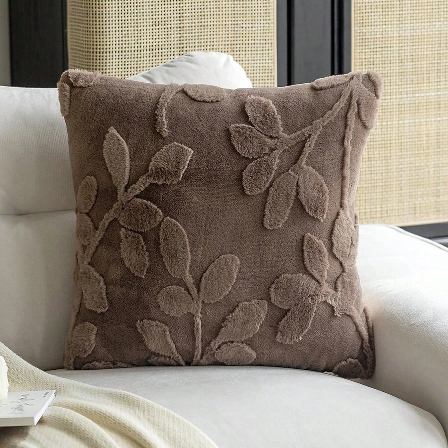 1pc Plush Embossed Square Pillowcase (Without Pillow Core) Simple Style Suitable For Living Room And Bedroom, All Seasons - Coffee Brown - View 1