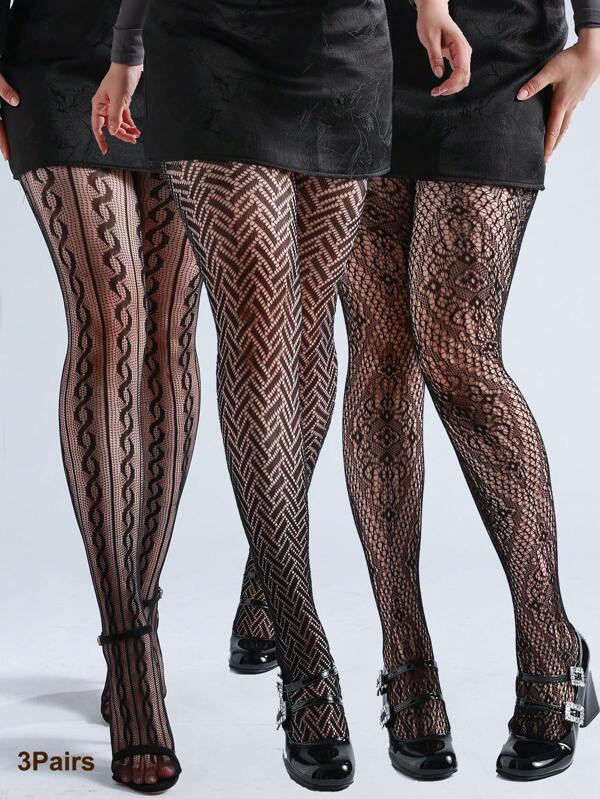 3 Peças Calças Justas Góticas Sexy Meias Arrastão Pretas para Mulheres, Calça-Calção Listrada Moldável de Alta Elasticidade de Plus Size, Estilo Y2K, Adequadas para Festas e Uso Diário
