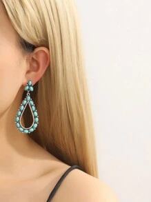 1pair Boho Western Style Vintage Turquoise Geometric Pendant Long Earrings - Antique Silver - View 8