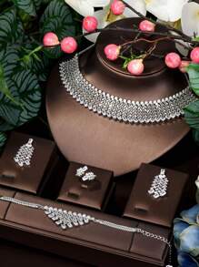 1套浪漫立體氧化鋯石葉子裝飾珠寶套裝，適用於婚禮和女性