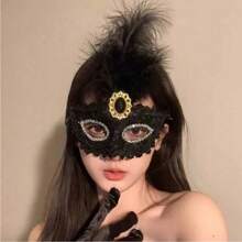 1pc Party Lace Mask, Masquerade Ball Mask, Wedding Party Mask, Personalized Mask, Stage Decoration, Sexy Half-Face Lace Mask, Halloween Feather Mask - Multicolor - View 3