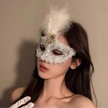 1pc Party Lace Mask, Masquerade Ball Mask, Wedding Party Mask, Personalized Mask, Stage Decoration, Sexy Half-Face Lace Mask, Halloween Feather Mask - Multicolor - View 7