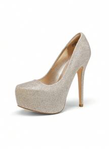 Women Stiletto High Heel Plaform Shine Pumps Elegant Solid Color Gold Dress Shoes For Party Prom Simple Style - Vàng - Xem 3