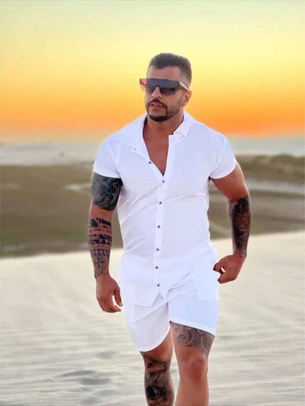 Camisa Conjunto listrada e lisa masculina slim fite Manga curta viscose
