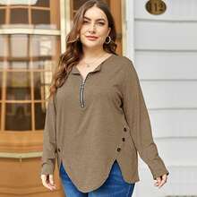 BZB Womens Plus Size Tunic Shirts Blouses Long Sleeve Casual Loose Crew Neck Button Side Blouse Tops T Shirt For Women - 咖啡棕 - 查看 4
