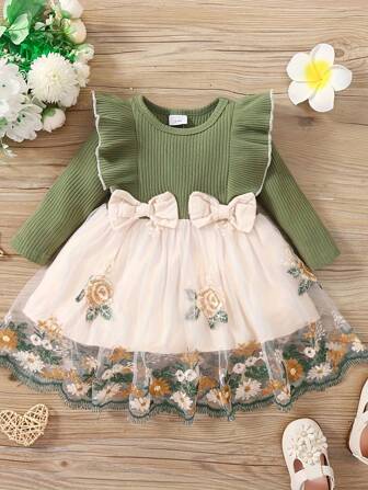 女婴荷叶边花朵网眼连衣裙，长袖，春/秋