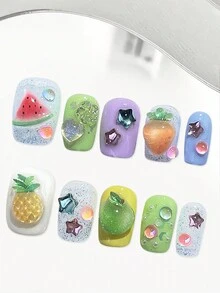 YADORNOS 10 piezas de uñas postizas cortas cuadradas con diseño en 3D transparente de frutas como sandía, piña y estrella, lindas y refrescantes para el verano. Incluye pegamento de gelatina y lima de uñas. Suministros de manicura DIY para chicas. - Multicolor - Ver 4