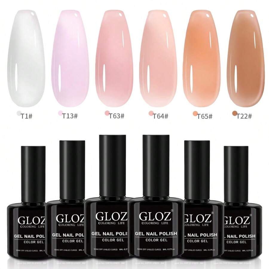 GLOZ 凝胶指甲油 6 色果冻凝胶指甲油套装礼物，乳白色透明粉色裸棕色半透明可浸泡 UV 指甲油 DIY 艺术适合女孩女士终极单色系列 - 彩色 - 查看 1