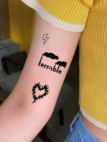 1pc Temporary Tattoo Cute Little Elements, Planet Flame Plane Love Straight Pattern Design Waterproof Fake Tattoo Stickers Disposable - Black - View 8