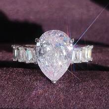 1 pieza Anillo con forma de gota de agua de aleación de plata brillante de moda con decoración de circonitas cúbicas, adecuado para uso diario de mujeres y anillo de compromiso - Plateado - Ver 1