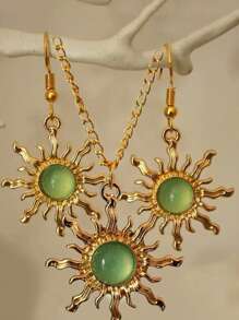 3pcs Bohemian Style Gold-Tone And Light Green Sun Necklace Earring Set For Women