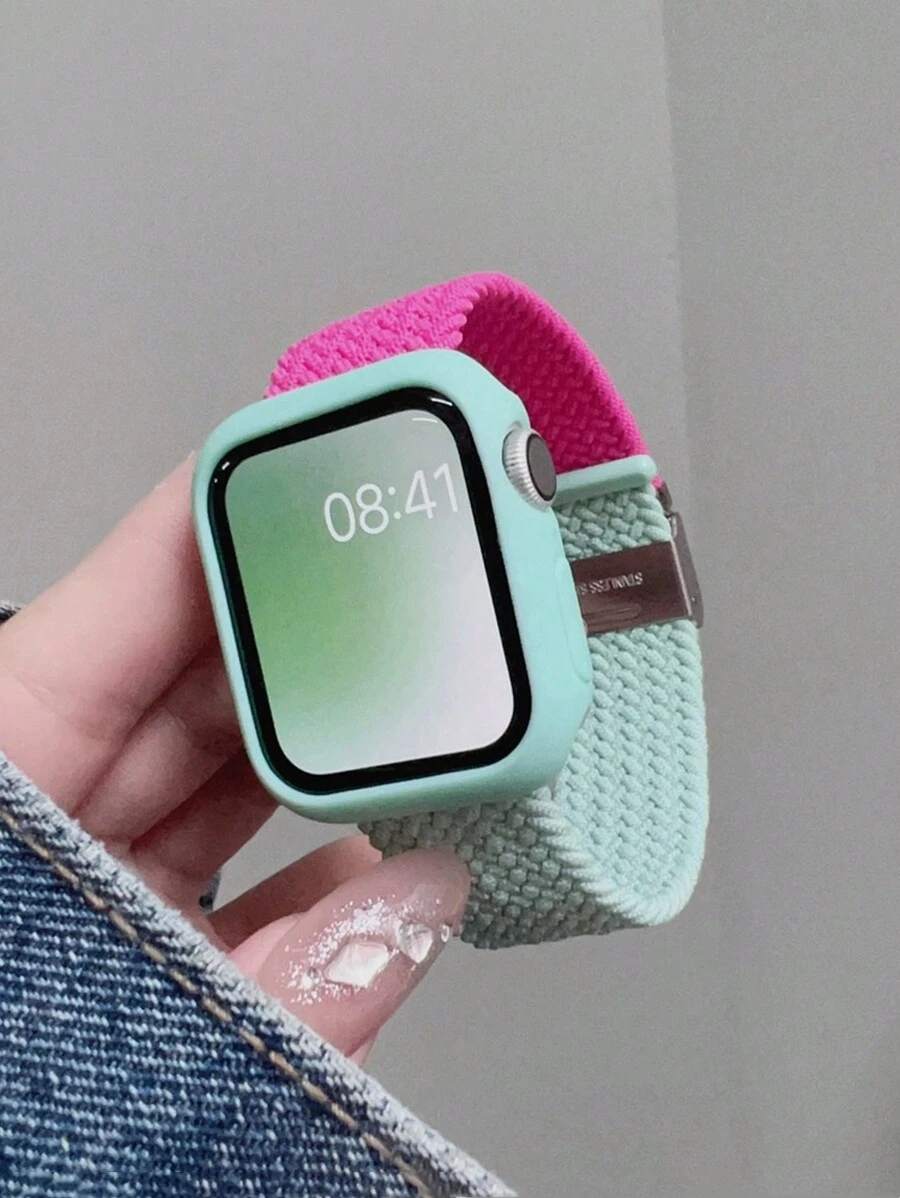 2pcs/Set Adjustable Breathable Woven Watch Band & Soft Hollow Silicone Protective Watch Case, Compatible With Apple Watch 38/40/41/42/44/45/46/49mm, Compatible With Apple Watch Series Ultra/SE/11/10/9/8/7/6/5/4/3/2/1, Smartwatch Accessories