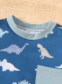 2 Stücke Kleinkind Lässig Set: Dinosaurier Muster Weißes Kurzarm Oberteil + Shorts mit Tasche