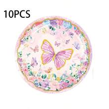 10入組粉色蝴蝶主題派對餐具紙盤，9*9英寸卡通蝴蝶花卉主題生日派對蝴蝶裝飾紙盤，適用於日常聚會和假日派對活動，一次性餐飲托盤 - 彩色 - 查看 7