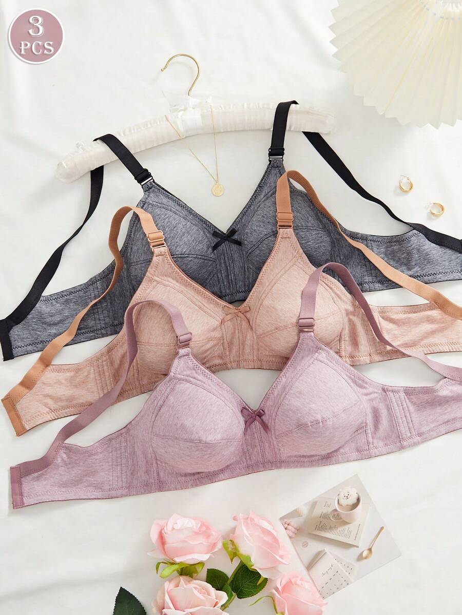 3pcs Comfortable Sleep Soft Cup Solid Color Wireless Bra Set - Black - View 1